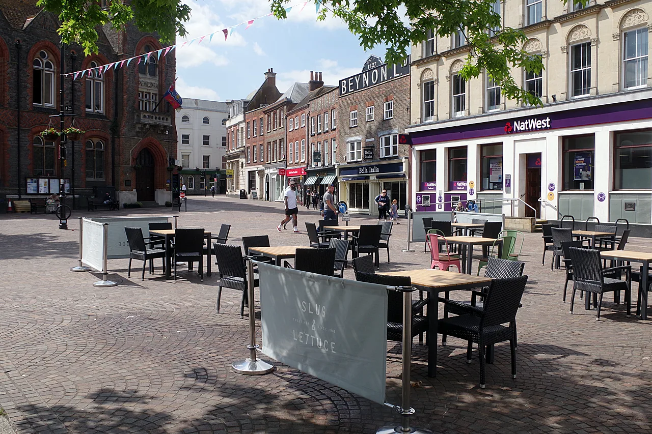 Market Place, Newbury, where the Santa Fun Run starts and finishes, beside the Town Hall